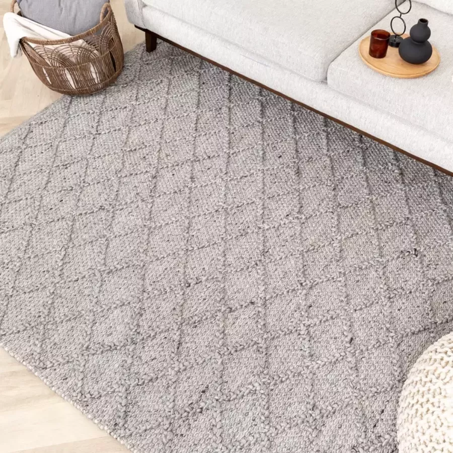 Fraai Wol gevlochten vloerkleed Knit Grijs 160x230cm