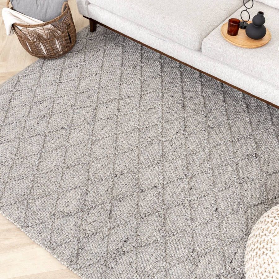 Fraai Wol gevlochten vloerkleed Knit Grijs 200x290cm