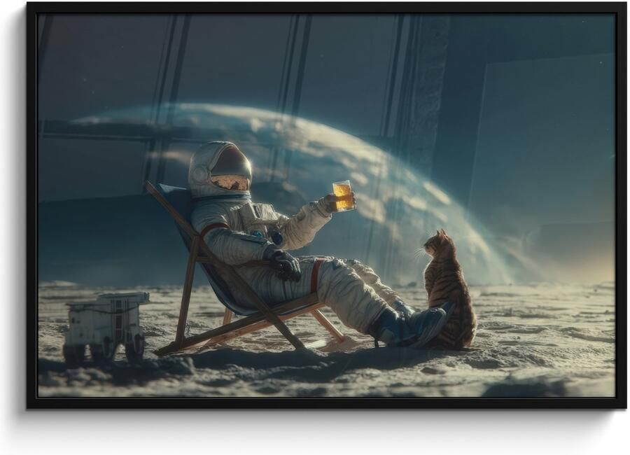 FrameYourWall Poster in lijst Fotolijst 120x80 cm Posters Astronaut Kat Glas Stoel Posterlijst zwart Decoratie Wanddecoratie woonkamer Muurdecoratie slaapkamer