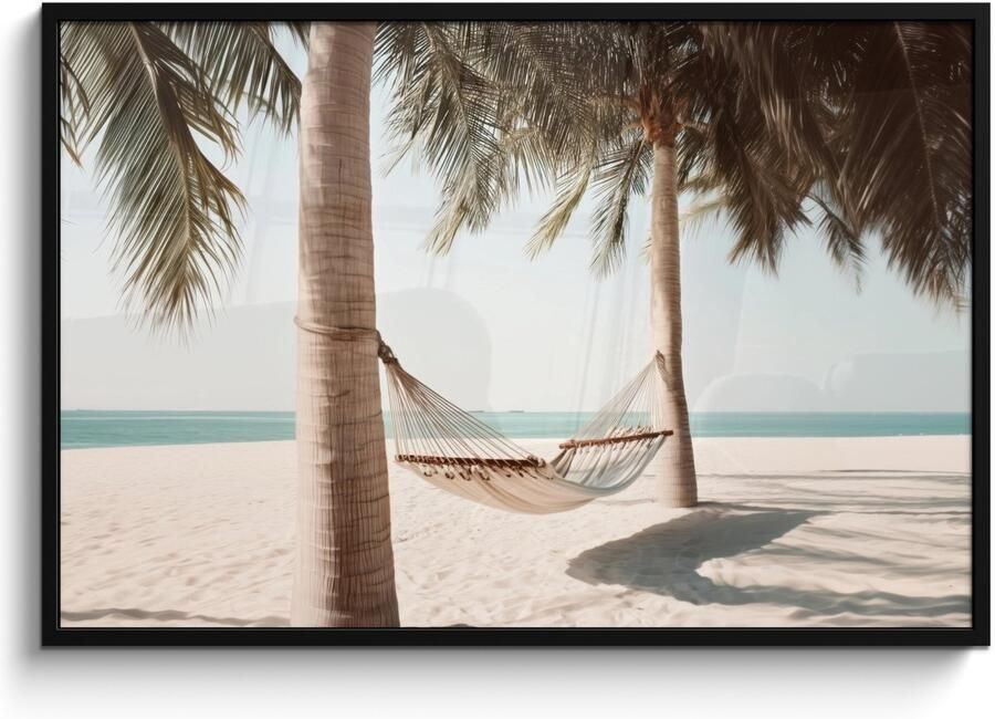 FrameYourWall Poster in lijst Fotolijst 120x80 cm Posters Hangmat Palmbomen Strand Zee Posterlijst zwart Decoratie Wanddecoratie woonkamer Muurdecoratie slaapkamer