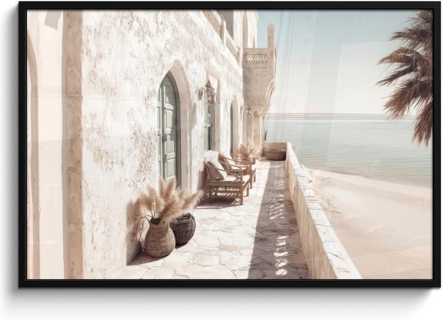 FrameYourWall Poster in lijst Fotolijst 120x80 cm Posters Terras Stoelen Strand Beige Posterlijst zwart Decoratie Wanddecoratie woonkamer Muurdecoratie slaapkamer