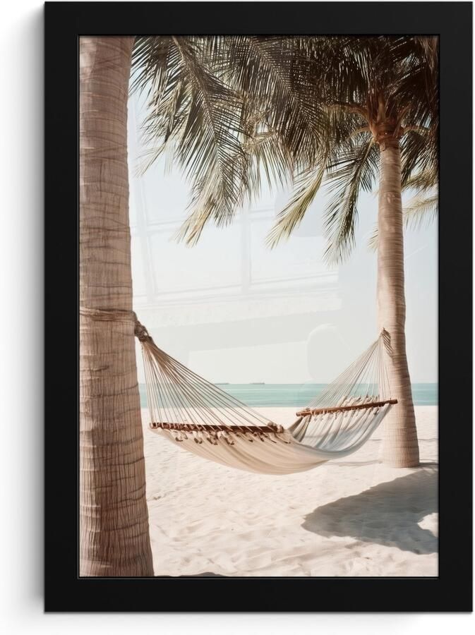 FrameYourWall Poster in lijst Fotolijst 20x30 cm Posters Hangmat Palmbomen Strand Zee Posterlijst zwart Decoratie Wanddecoratie woonkamer Muurdecoratie slaapkamer