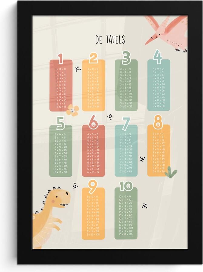 FrameYourWall Poster in lijst Fotolijst 20x30 cm Posters Tafels van vermenigvuldiging Educatief Leren rekenen voor kinderen Cijfers oefenen Dinosaurus Posterlijst zwart Kamer decoratie Wanddecoratie kinderkamer Muurdecoratie babykamer