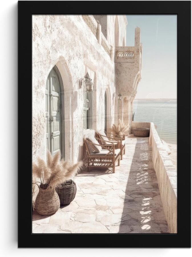 FrameYourWall Poster in lijst Fotolijst 20x30 cm Posters Terras Stoelen Strand Beige Posterlijst zwart Decoratie Wanddecoratie woonkamer Muurdecoratie slaapkamer