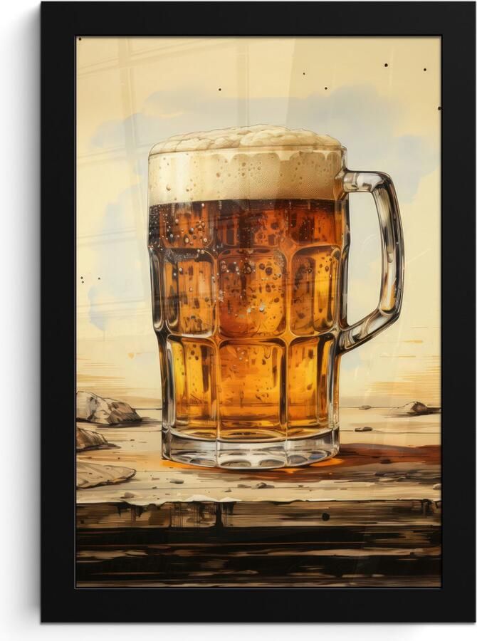 PosterMonkey Fotolijst inclusief poster Posterlijst 20x30 cm Posters Vintage Bier Pul Hout Tafel Drinken Foto in lijst decoratie Wanddecoratie woonkamer Muurdecoratie slaapkamer