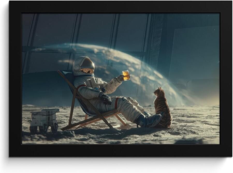 FrameYourWall Poster in lijst Fotolijst 30x20 cm Posters Astronaut Kat Glas Stoel Posterlijst zwart Decoratie Wanddecoratie woonkamer Muurdecoratie slaapkamer
