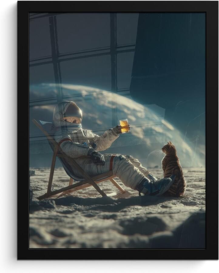 FrameYourWall Poster in lijst Fotolijst 30x40 cm Posters Astronaut Kat Glas Stoel Posterlijst zwart Decoratie Wanddecoratie woonkamer Muurdecoratie slaapkamer