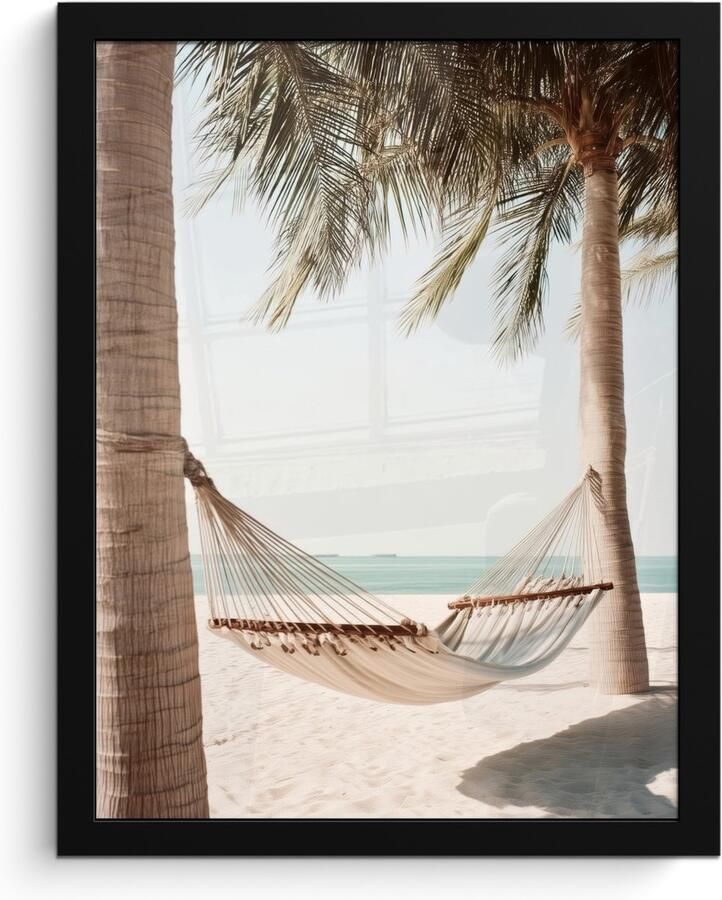 FrameYourWall Poster in lijst Fotolijst 30x40 cm Posters Hangmat Palmbomen Strand Zee Posterlijst zwart Decoratie Wanddecoratie woonkamer Muurdecoratie slaapkamer