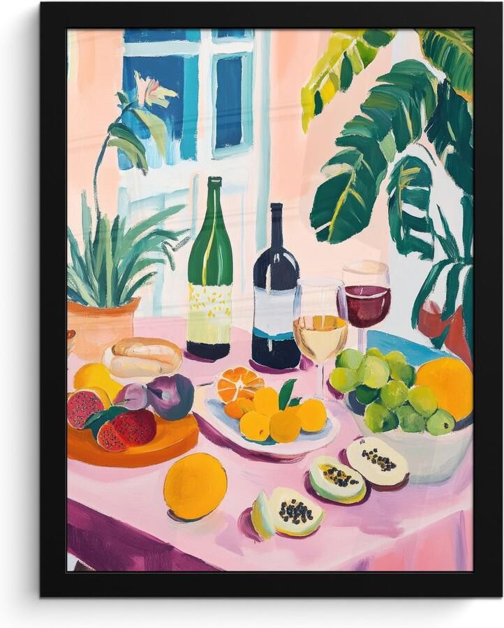FrameYourWall Poster in lijst Fotolijst 30x40 cm Posters Tafel Wijn Fruit Posterlijst zwart Decoratie Wanddecoratie woonkamer Muurdecoratie slaapkamer