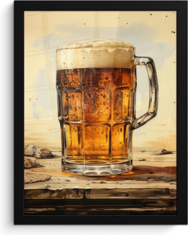 PosterMonkey Fotolijst inclusief poster Posterlijst 30x40 cm Posters Vintage Bier Pul Hout Tafel Drinken Foto in lijst decoratie Wanddecoratie woonkamer Muurdecoratie slaapkamer