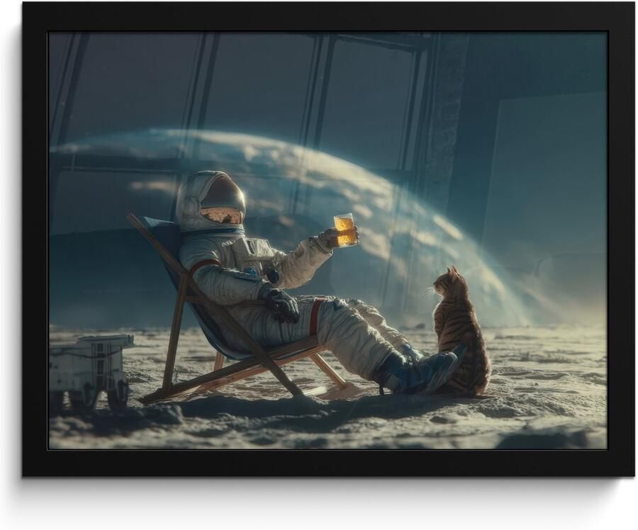 FrameYourWall Poster in lijst Fotolijst 40x30 cm Posters Astronaut Kat Glas Stoel Posterlijst zwart Decoratie Wanddecoratie woonkamer Muurdecoratie slaapkamer