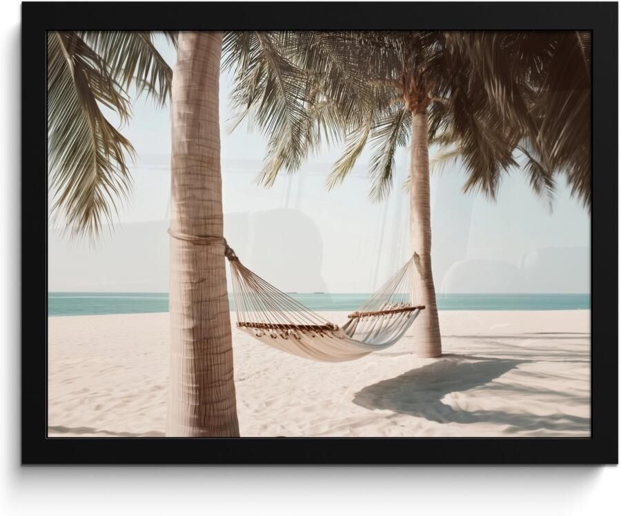 FrameYourWall Poster in lijst Fotolijst 40x30 cm Posters Hangmat Palmbomen Strand Zee Posterlijst zwart Decoratie Wanddecoratie woonkamer Muurdecoratie slaapkamer