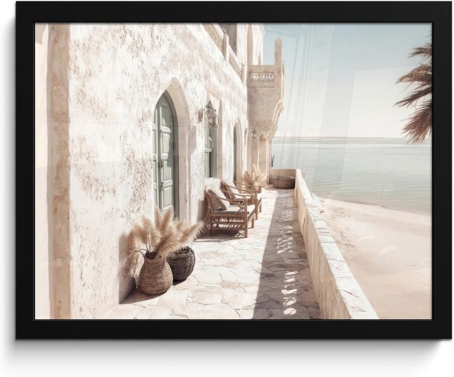 FrameYourWall Poster in lijst Fotolijst 40x30 cm Posters Terras Stoelen Strand Beige Posterlijst zwart Decoratie Wanddecoratie woonkamer Muurdecoratie slaapkamer