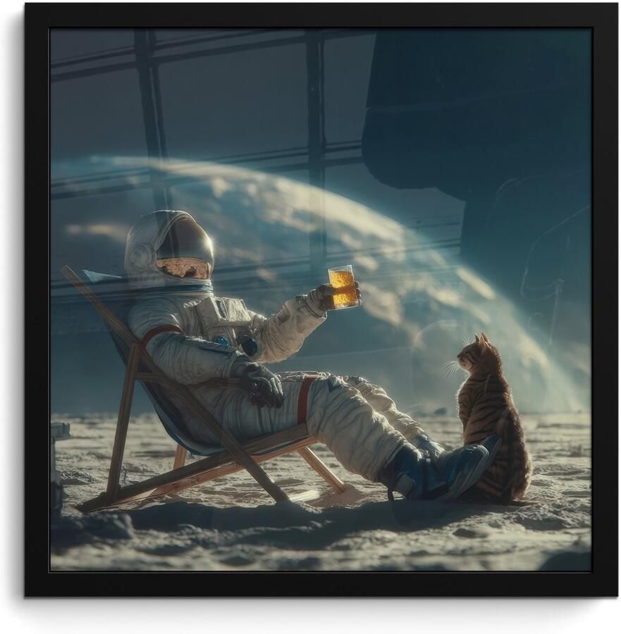 FrameYourWall Poster in lijst Fotolijst 40x40 cm Posters Astronaut Kat Glas Stoel Posterlijst zwart Decoratie Wanddecoratie woonkamer Muurdecoratie slaapkamer