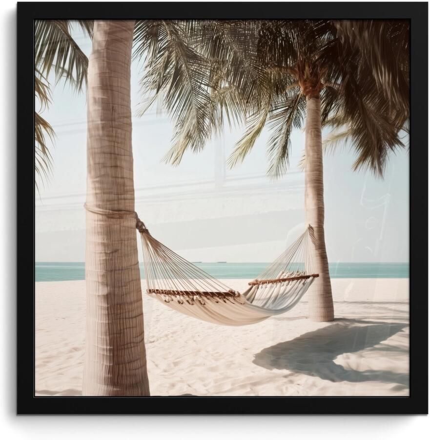 FrameYourWall Poster in lijst Fotolijst 40x40 cm Posters Hangmat Palmbomen Strand Zee Posterlijst zwart Decoratie Wanddecoratie woonkamer Muurdecoratie slaapkamer
