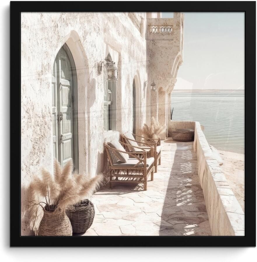 FrameYourWall Poster in lijst Fotolijst 40x40 cm Posters Terras Stoelen Strand Beige Posterlijst zwart Decoratie Wanddecoratie woonkamer Muurdecoratie slaapkamer