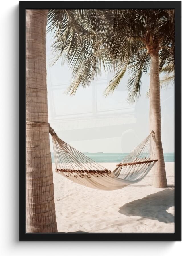 FrameYourWall Poster in lijst Fotolijst 40x60 cm Posters Hangmat Palmbomen Strand Zee Posterlijst zwart Decoratie Wanddecoratie woonkamer Muurdecoratie slaapkamer