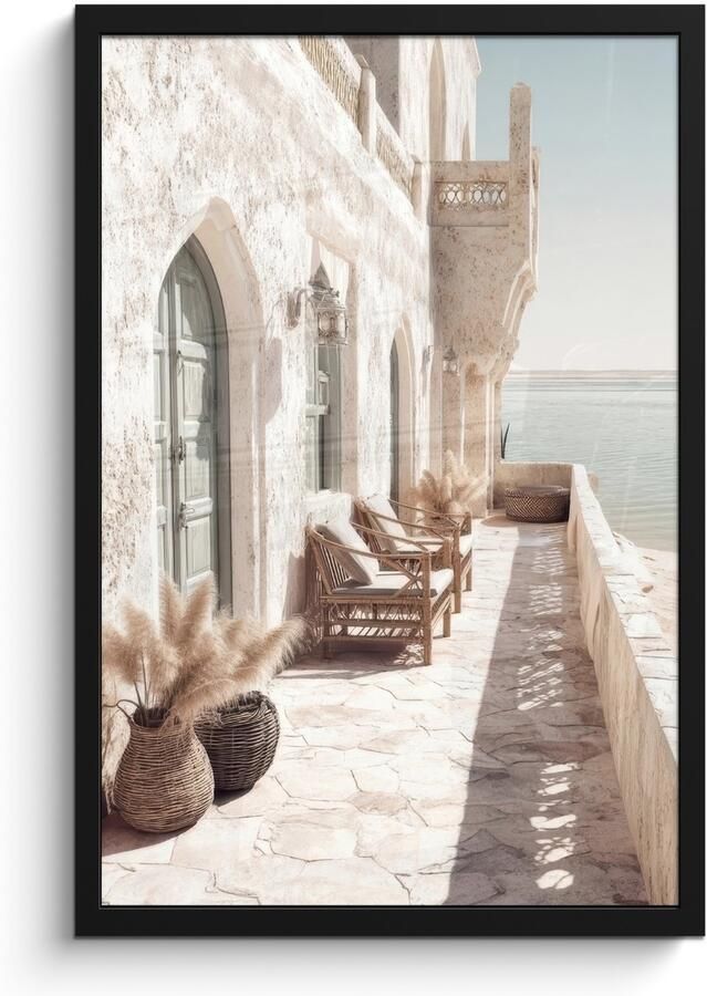 FrameYourWall Poster in lijst Fotolijst 40x60 cm Posters Terras Stoelen Strand Beige Posterlijst zwart Decoratie Wanddecoratie woonkamer Muurdecoratie slaapkamer