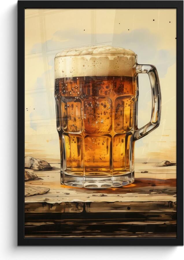 PosterMonkey Fotolijst inclusief poster Posterlijst 40x60 cm Posters Vintage Bier Pul Hout Tafel Drinken Foto in lijst decoratie Wanddecoratie woonkamer Muurdecoratie slaapkamer