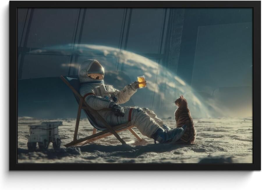 FrameYourWall Poster in lijst Fotolijst 60x40 cm Posters Astronaut Kat Glas Stoel Posterlijst zwart Decoratie Wanddecoratie woonkamer Muurdecoratie slaapkamer