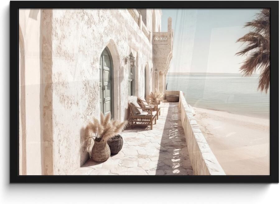 FrameYourWall Poster in lijst Fotolijst 60x40 cm Posters Terras Stoelen Strand Beige Posterlijst zwart Decoratie Wanddecoratie woonkamer Muurdecoratie slaapkamer