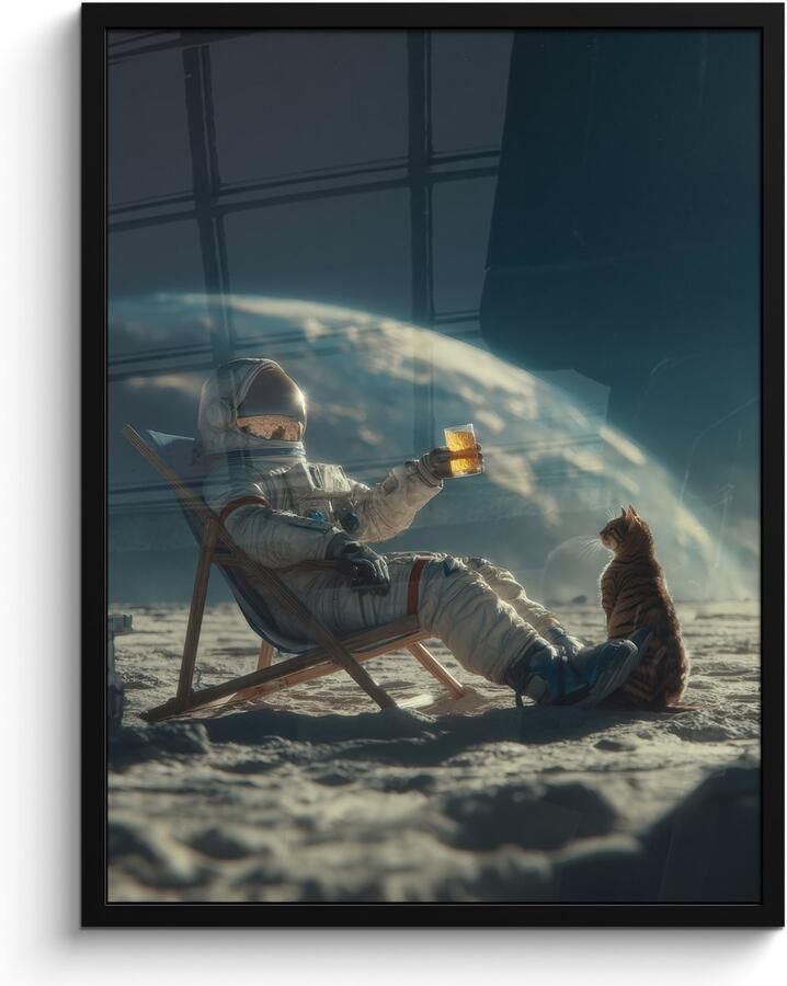 FrameYourWall Poster in lijst Fotolijst 60x80 cm Posters Astronaut Kat Glas Stoel Posterlijst zwart Decoratie Wanddecoratie woonkamer Muurdecoratie slaapkamer
