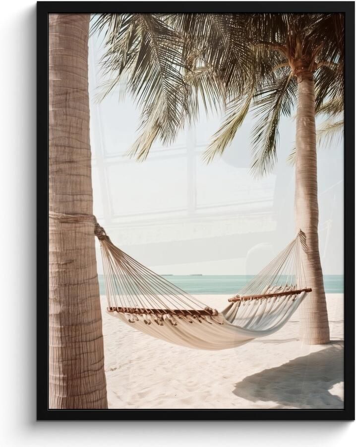 FrameYourWall Poster in lijst Fotolijst 60x80 cm Posters Hangmat Palmbomen Strand Zee Posterlijst zwart Decoratie Wanddecoratie woonkamer Muurdecoratie slaapkamer