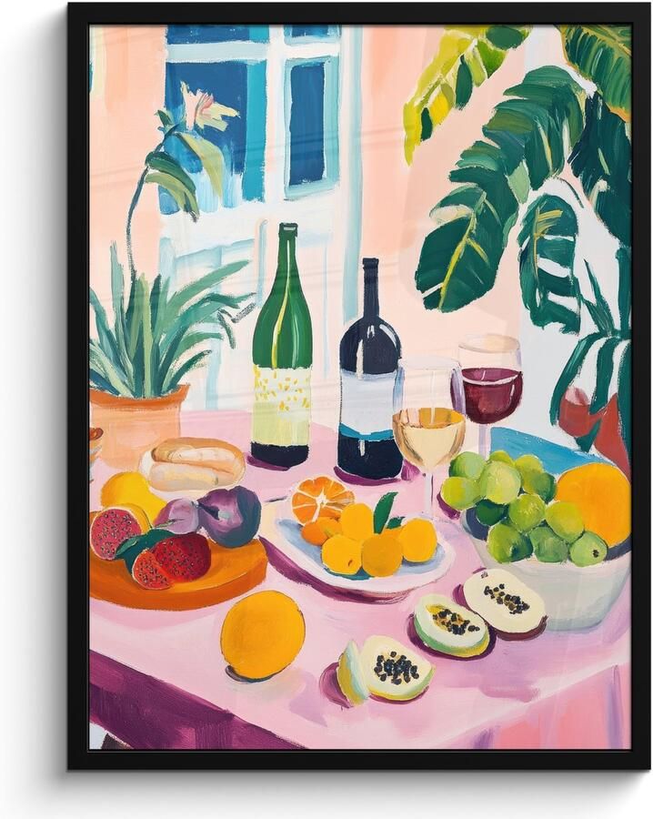 FrameYourWall Poster in lijst Fotolijst 60x80 cm Posters Tafel Wijn Fruit Posterlijst zwart Decoratie Wanddecoratie woonkamer Muurdecoratie slaapkamer