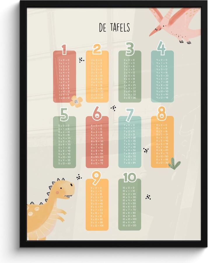 FrameYourWall Poster in lijst Fotolijst 60x80 cm Posters Tafels van vermenigvuldiging Educatief Leren rekenen voor kinderen Cijfers oefenen Dinosaurus Posterlijst zwart Kamer decoratie Wanddecoratie kinderkamer Muurdecoratie babykamer