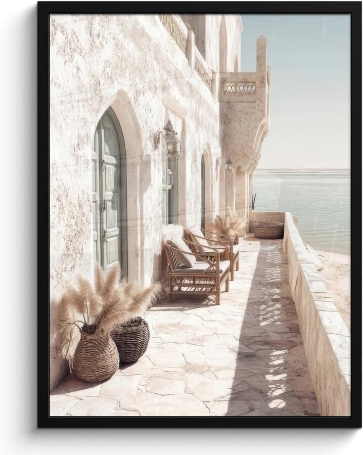 FrameYourWall Poster in lijst Fotolijst 60x80 cm Posters Terras Stoelen Strand Beige Posterlijst zwart Decoratie Wanddecoratie woonkamer Muurdecoratie slaapkamer