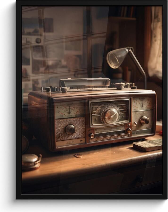 PosterMonkey Fotolijst inclusief poster Posterlijst 60x80 cm Posters Vintage Radio Oud Bureau Lamp Foto in lijst decoratie Wanddecoratie woonkamer Muurdecoratie slaapkamer