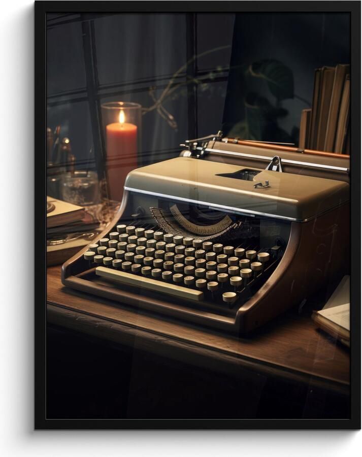 PosterMonkey Fotolijst inclusief poster Posterlijst 60x80 cm Posters Vintage Typmachine Kaars Oud Bureau Foto in lijst decoratie Wanddecoratie woonkamer Muurdecoratie slaapkamer