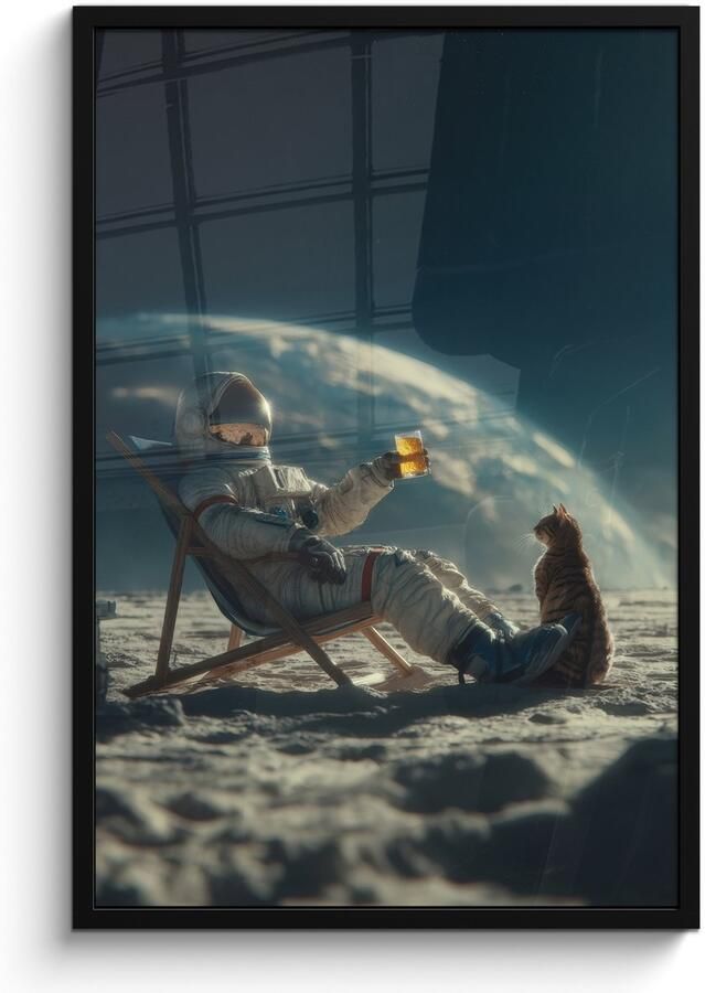 FrameYourWall Poster in lijst Fotolijst 60x90 cm Posters Astronaut Kat Glas Stoel Posterlijst zwart Decoratie Wanddecoratie woonkamer Muurdecoratie slaapkamer