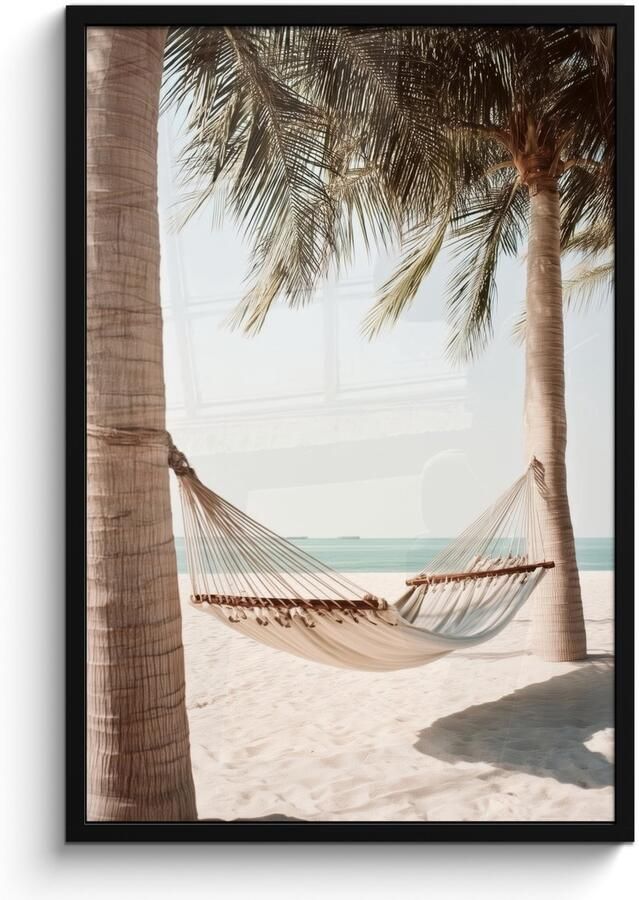 FrameYourWall Poster in lijst Fotolijst 60x90 cm Posters Hangmat Palmbomen Strand Zee Posterlijst zwart Decoratie Wanddecoratie woonkamer Muurdecoratie slaapkamer