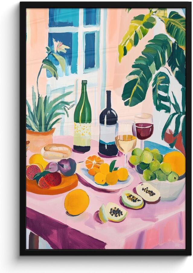 FrameYourWall Poster in lijst Fotolijst 60x90 cm Posters Tafel Wijn Fruit Posterlijst zwart Decoratie Wanddecoratie woonkamer Muurdecoratie slaapkamer