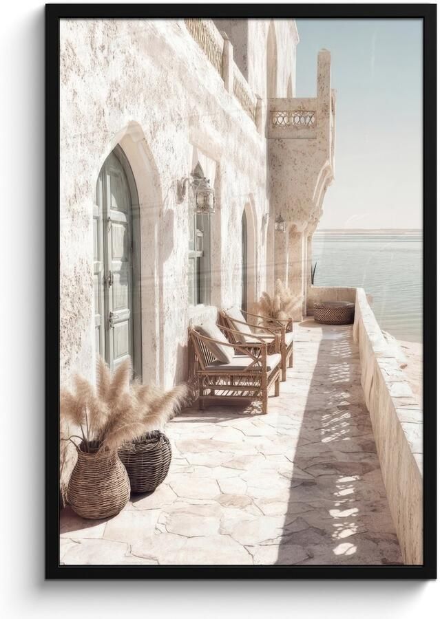FrameYourWall Poster in lijst Fotolijst 60x90 cm Posters Terras Stoelen Strand Beige Posterlijst zwart Decoratie Wanddecoratie woonkamer Muurdecoratie slaapkamer