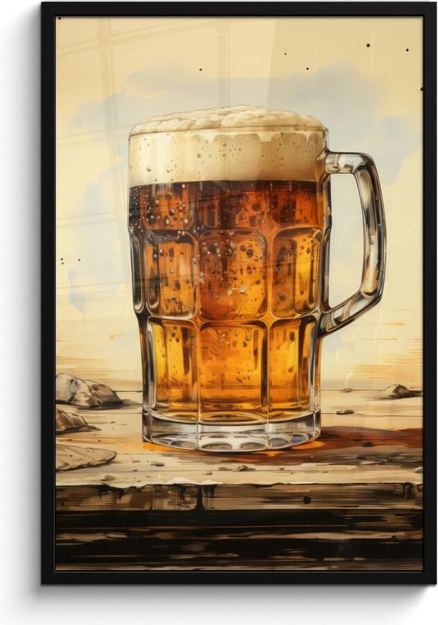 PosterMonkey Fotolijst inclusief poster Posterlijst 60x90 cm Posters Vintage Bier Pul Hout Tafel Drinken Foto in lijst decoratie Wanddecoratie woonkamer Muurdecoratie slaapkamer