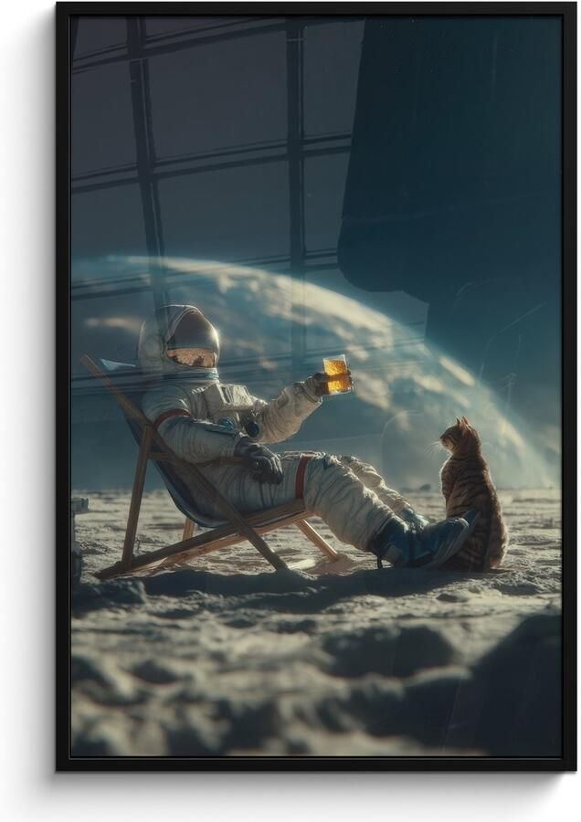 FrameYourWall Poster in lijst Fotolijst 80x120 cm Posters Astronaut Kat Glas Stoel Posterlijst zwart Decoratie Wanddecoratie woonkamer Muurdecoratie slaapkamer