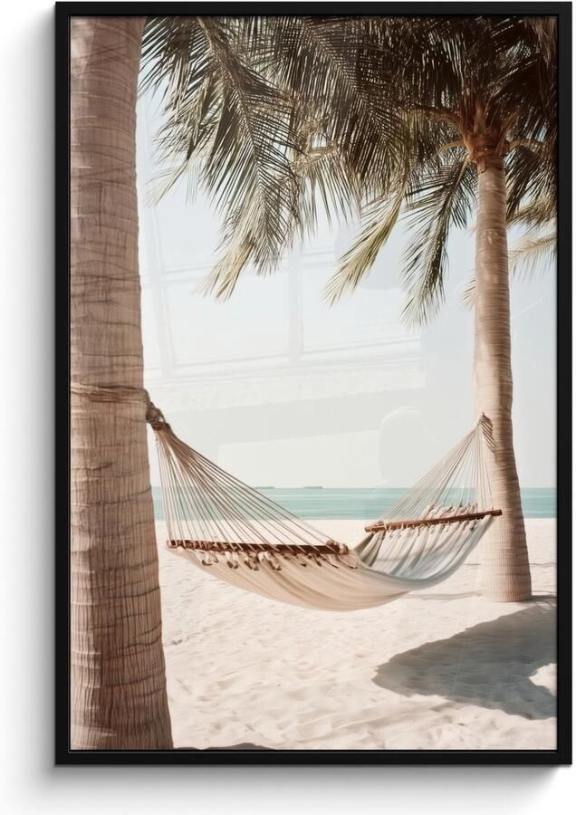 FrameYourWall Poster in lijst Fotolijst 80x120 cm Posters Hangmat Palmbomen Strand Zee Posterlijst zwart Decoratie Wanddecoratie woonkamer Muurdecoratie slaapkamer