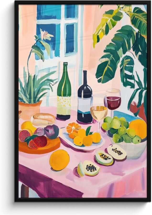 FrameYourWall Poster in lijst Fotolijst 80x120 cm Posters Tafel Wijn Fruit Posterlijst zwart Decoratie Wanddecoratie woonkamer Muurdecoratie slaapkamer