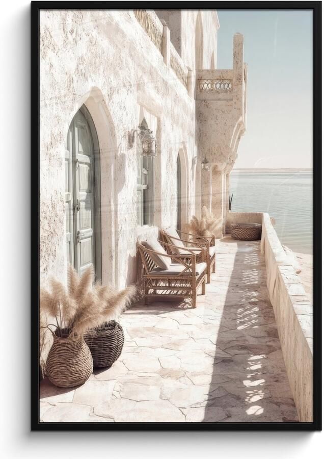 FrameYourWall Poster in lijst Fotolijst 80x120 cm Posters Terras Stoelen Strand Beige Posterlijst zwart Decoratie Wanddecoratie woonkamer Muurdecoratie slaapkamer