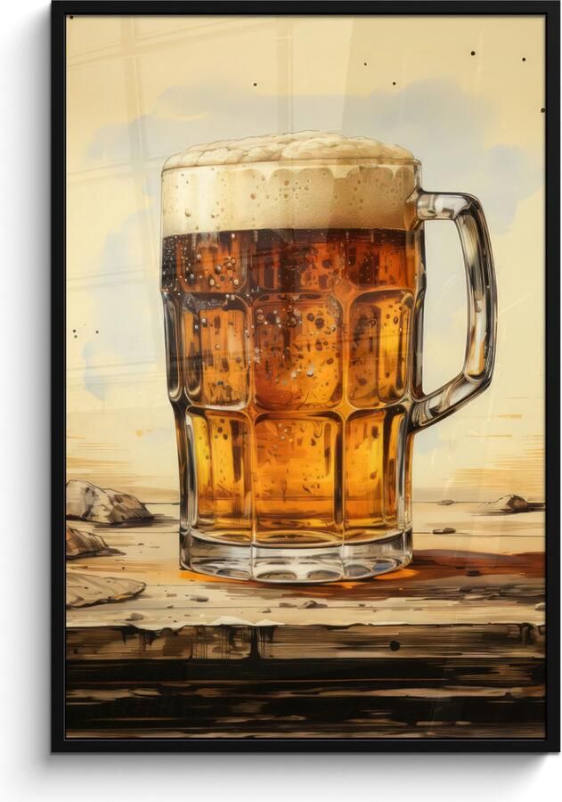 PosterMonkey Fotolijst inclusief poster Posterlijst 80x120 cm Posters Vintage Bier Pul Hout Tafel Drinken Foto in lijst decoratie Wanddecoratie woonkamer Muurdecoratie slaapkamer