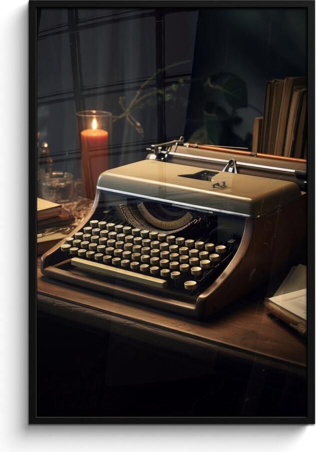PosterMonkey Fotolijst inclusief poster Posterlijst 80x120 cm Posters Vintage Typmachine Kaars Oud Bureau Foto in lijst decoratie Wanddecoratie woonkamer Muurdecoratie slaapkamer