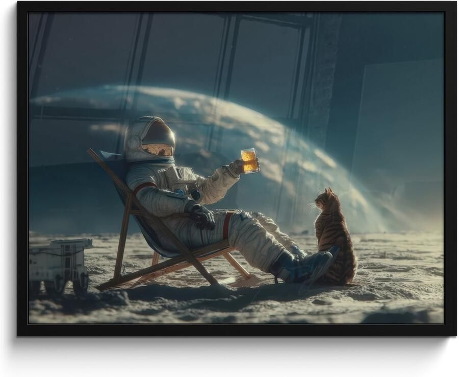 FrameYourWall Poster in lijst Fotolijst 80x60 cm Posters Astronaut Kat Glas Stoel Posterlijst zwart Decoratie Wanddecoratie woonkamer Muurdecoratie slaapkamer