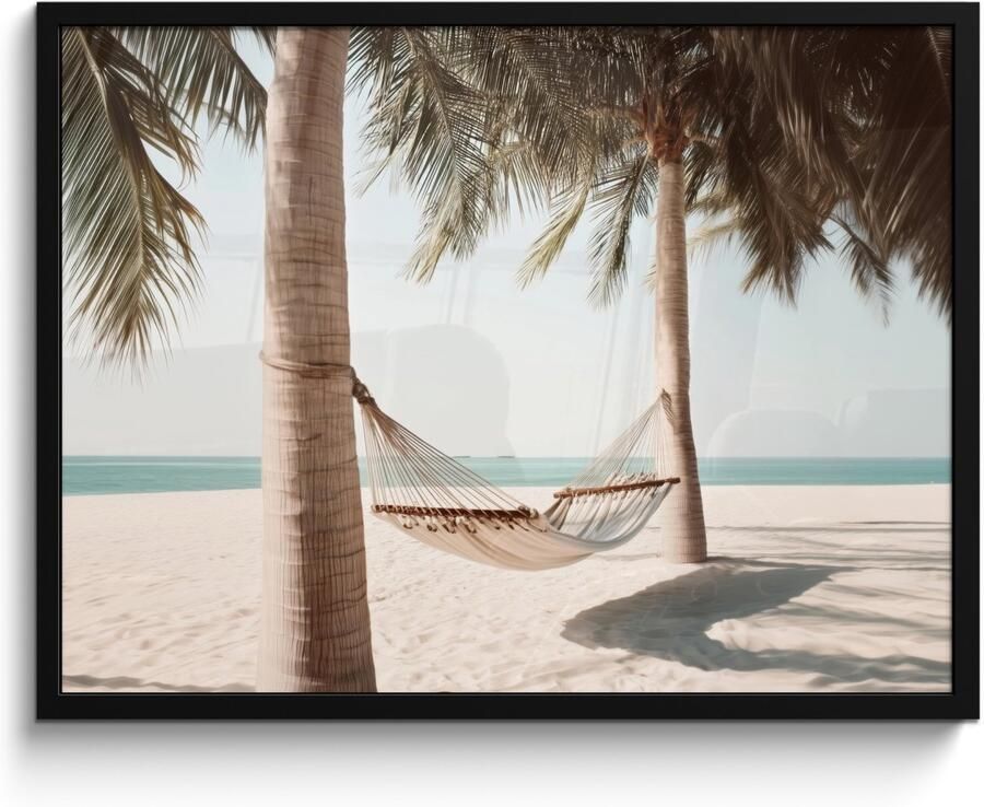 FrameYourWall Poster in lijst Fotolijst 80x60 cm Posters Hangmat Palmbomen Strand Zee Posterlijst zwart Decoratie Wanddecoratie woonkamer Muurdecoratie slaapkamer