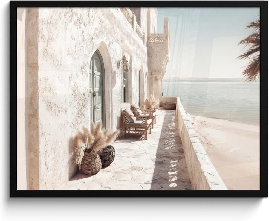 FrameYourWall Poster in lijst Fotolijst 80x60 cm Posters Terras Stoelen Strand Beige Posterlijst zwart Decoratie Wanddecoratie woonkamer Muurdecoratie slaapkamer