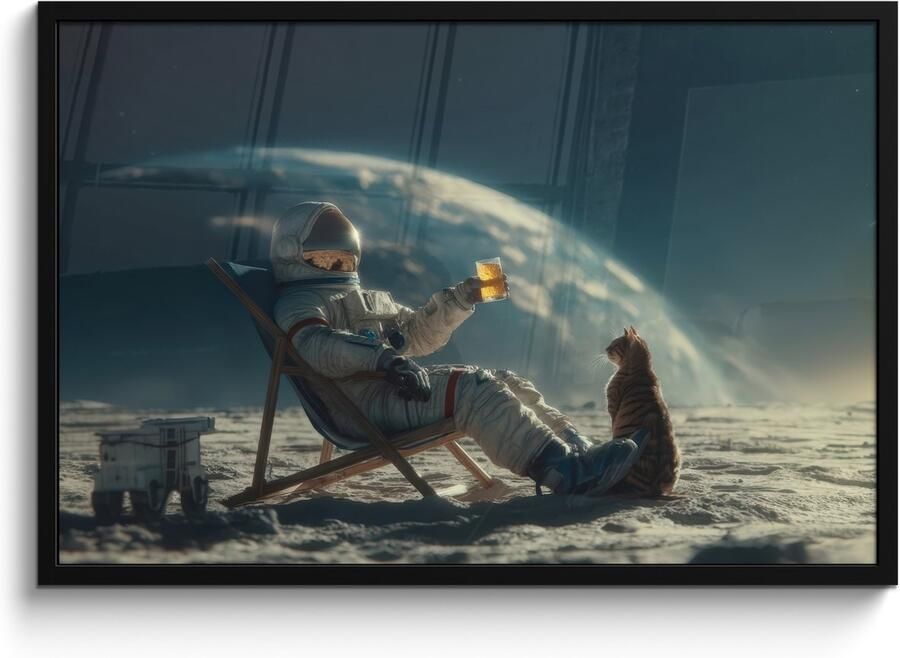 FrameYourWall Poster in lijst Fotolijst 90x60 cm Posters Astronaut Kat Glas Stoel Posterlijst zwart Decoratie Wanddecoratie woonkamer Muurdecoratie slaapkamer
