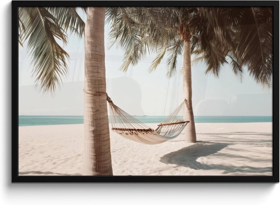 FrameYourWall Poster in lijst Fotolijst 90x60 cm Posters Hangmat Palmbomen Strand Zee Posterlijst zwart Decoratie Wanddecoratie woonkamer Muurdecoratie slaapkamer