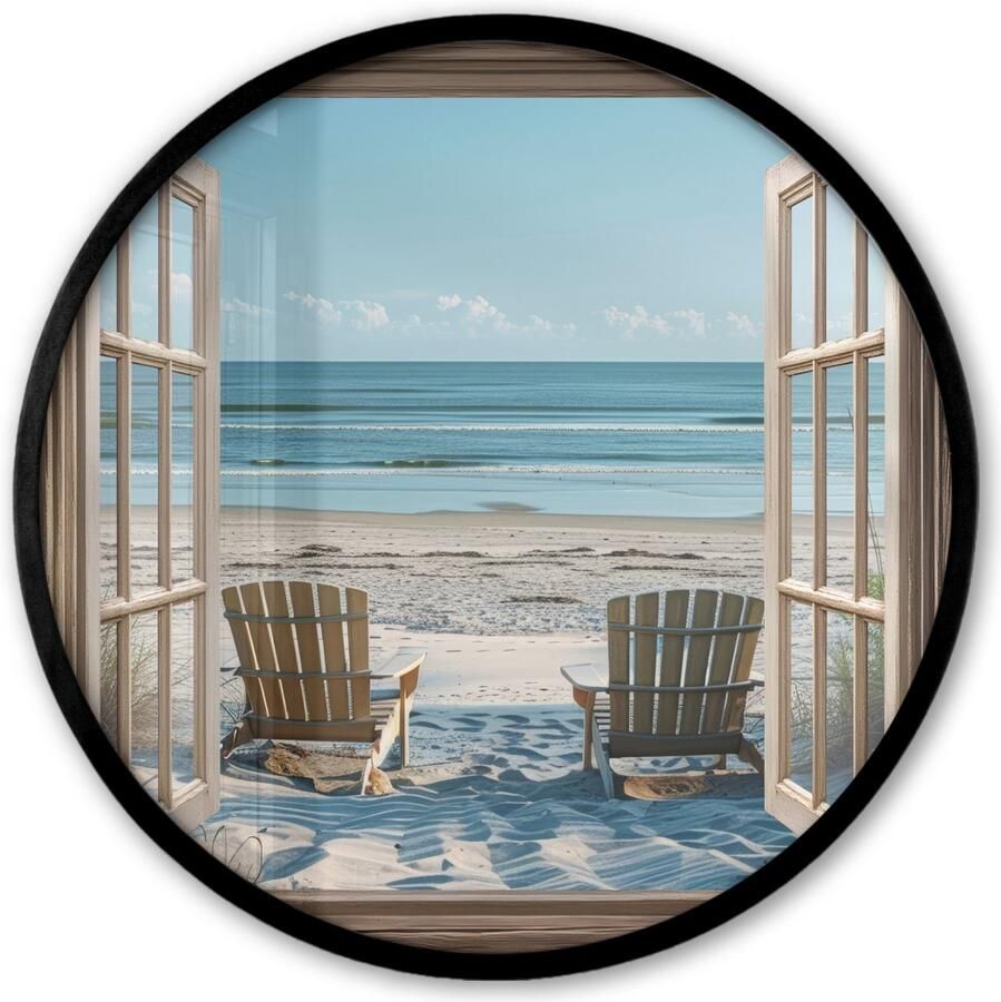 FrameYourWall Poster in lijst Rond Fotolijst 40x40 cm Posters Doorkijk Strandstoelen Duinen Zee Natuur Ronde posterlijst zwart Decoratie Wanddecoratie woonkamer Muurdecoratie slaapkamer