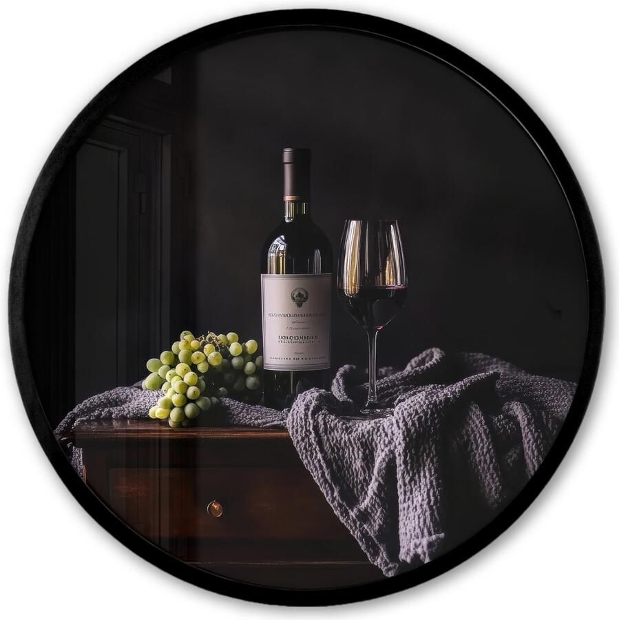 FrameYourWall Poster in lijst Rond Fotolijst 40x40 cm Posters Druiven Wijn Rood Tafel Ronde posterlijst zwart Decoratie Wanddecoratie woonkamer Muurdecoratie slaapkamer
